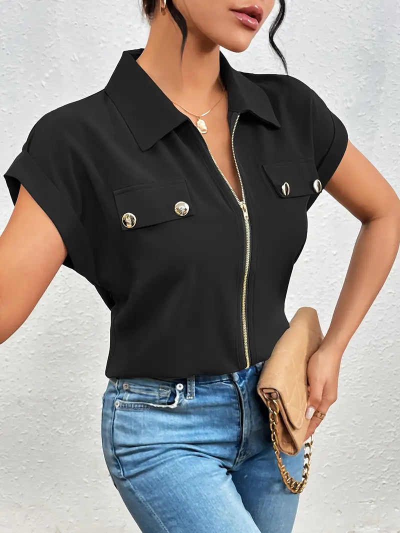 Alfano – Elegante Kurzarm Bluse Mit Reißverschluss