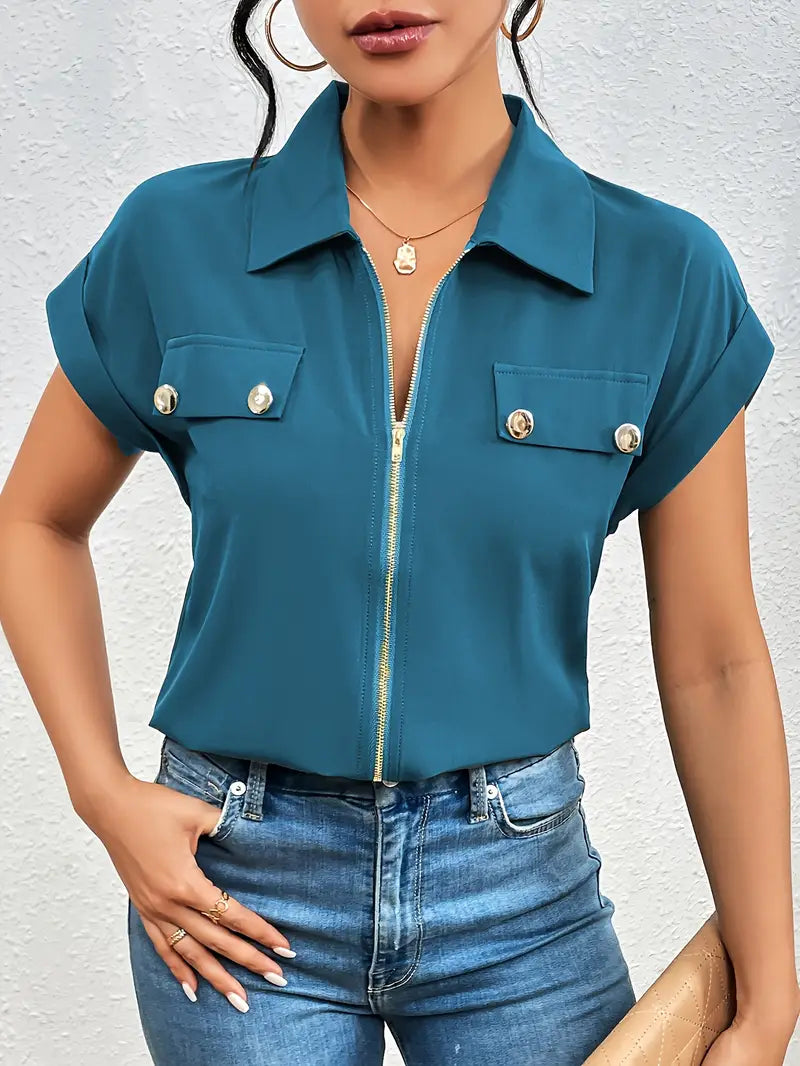 Alfano – Elegante Kurzarm Bluse Mit Reißverschluss
