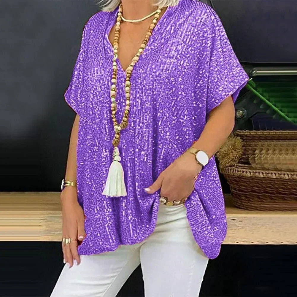 Aida - Pailletten-T-Shirt mit V-Ausschnitt