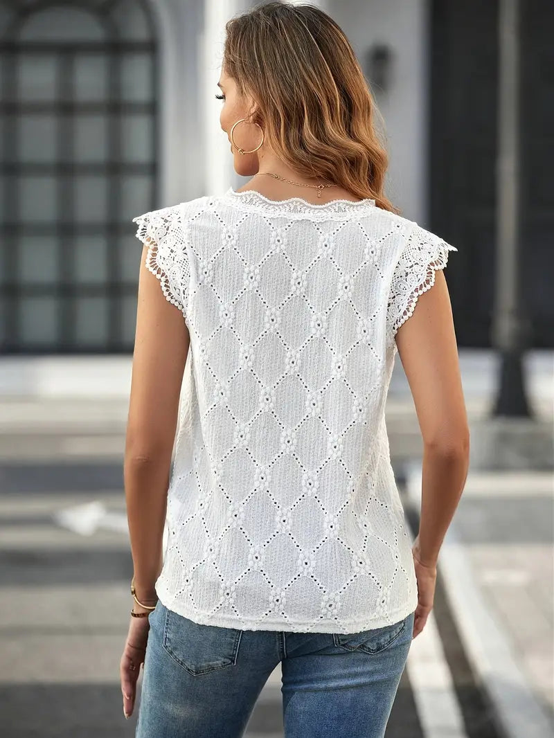 Annalise - Einfarbige Bluse mit V-Ausschnitt und Spitzenstickerei