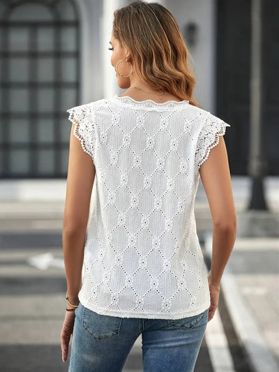 Annalise - Einfarbige Bluse mit V-Ausschnitt und Spitzenstickerei