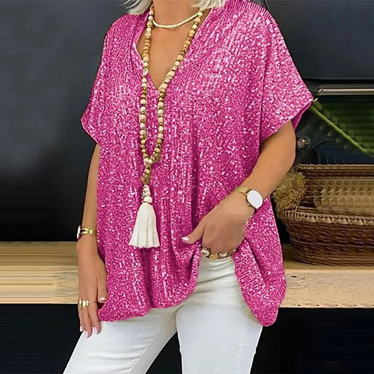 Aida - Pailletten-T-Shirt mit V-Ausschnitt