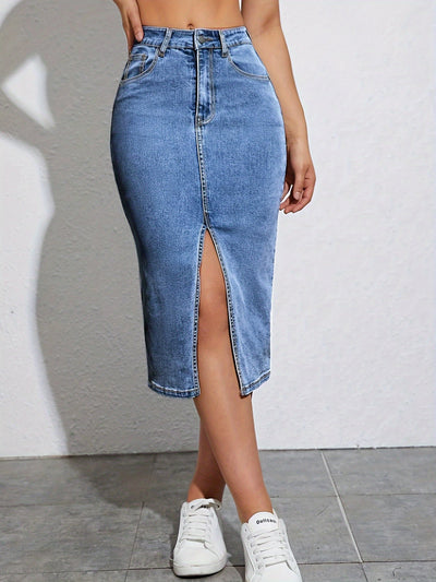 Siena elastischer Jeansrock mit hoher Taille und langem, geteiltem Jeansrock