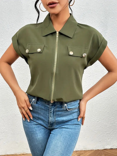 Alfano – Elegante Kurzarm Bluse Mit Reißverschluss