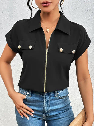 Alfano – Elegante Kurzarm Bluse Mit Reißverschluss