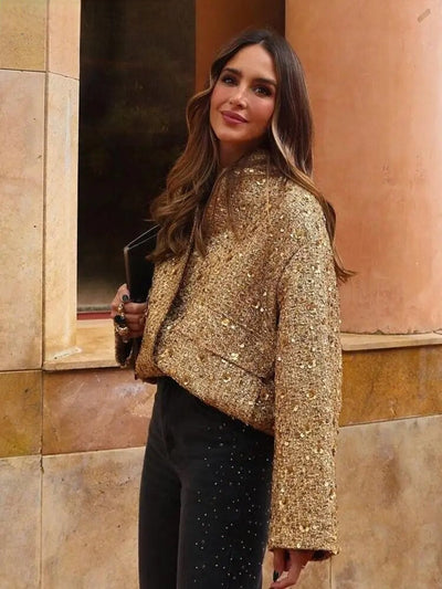 Valerie - schicker Mantel mit goldenen Pailletten für mühelosen Glamour