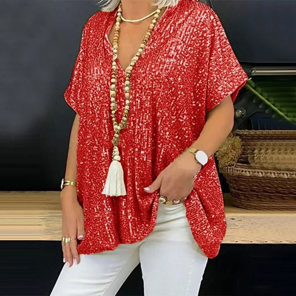 Aida - Pailletten-T-Shirt mit V-Ausschnitt
