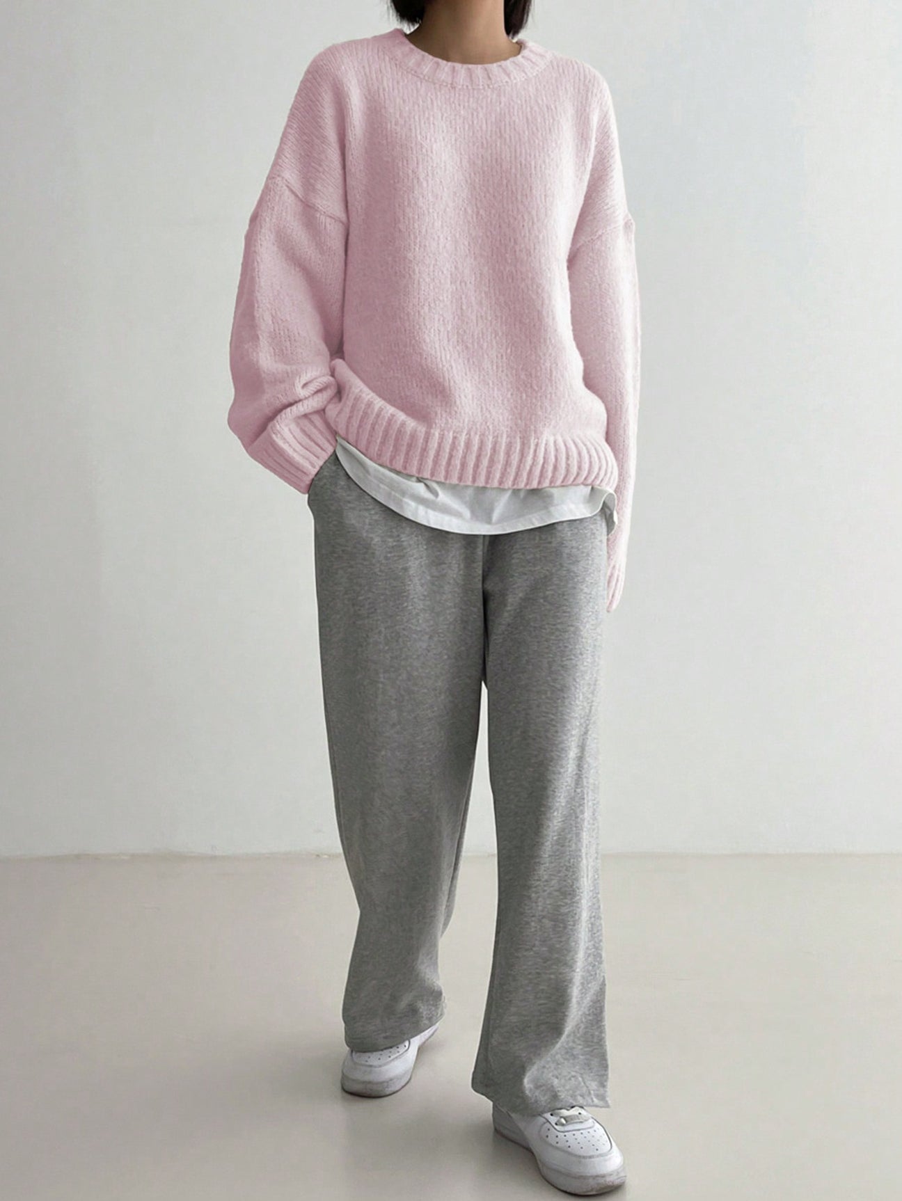 Pearlie -Rosa einfarbig Langarm Pullover mit Rundhalsausschnitt