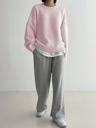 Pearlie -Rosa einfarbig Langarm Pullover mit Rundhalsausschnitt