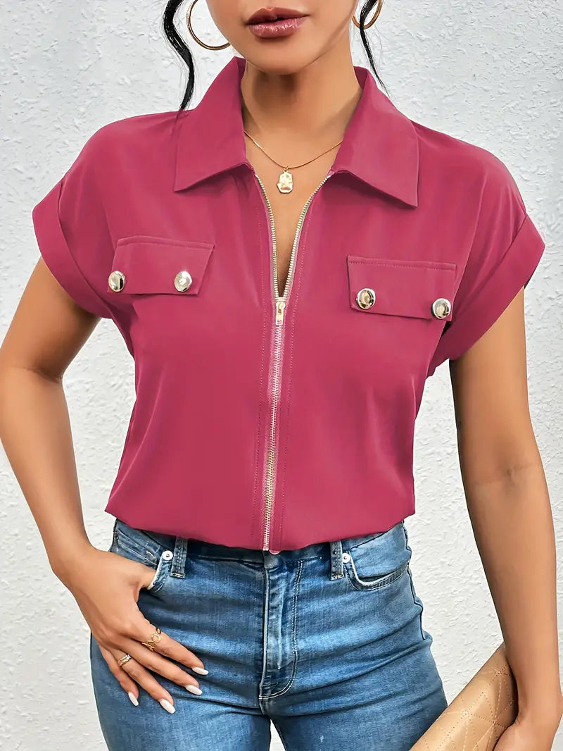 Alfano – Elegante Kurzarm Bluse Mit Reißverschluss