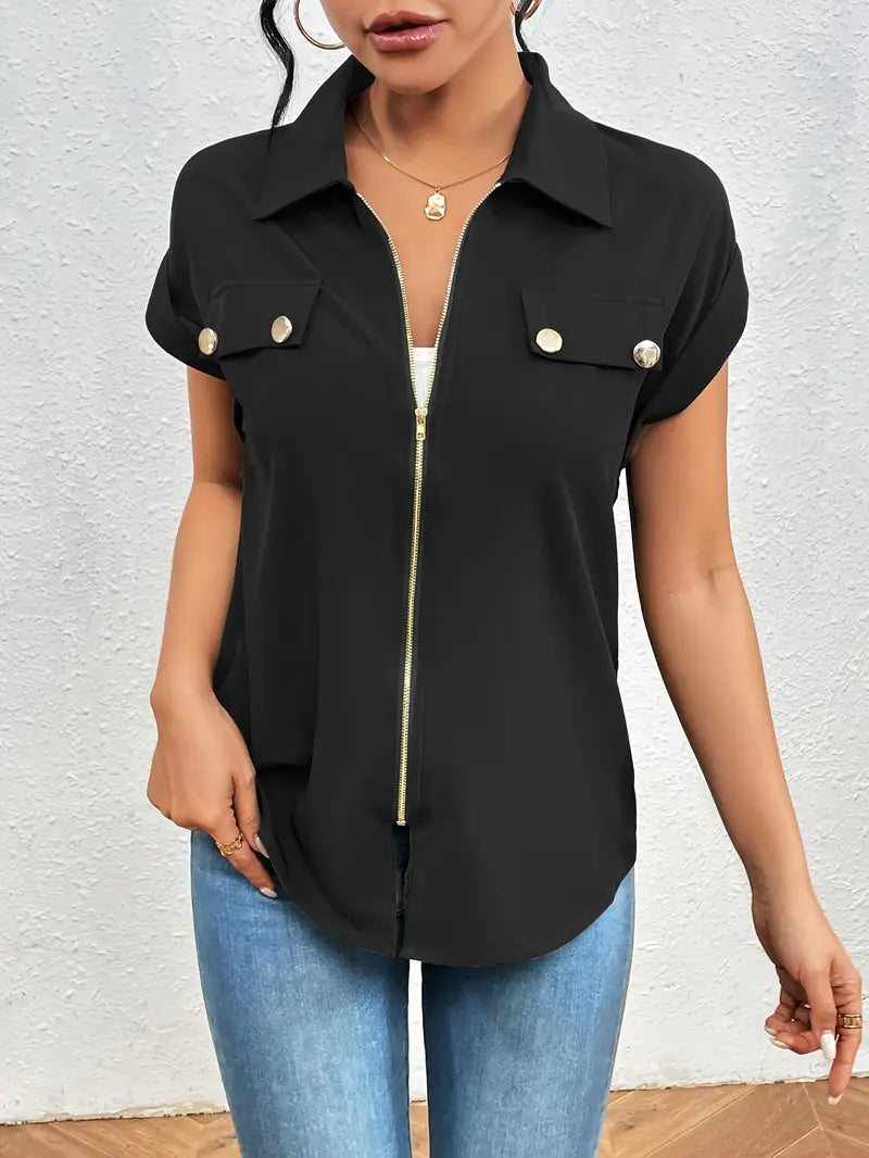 Alfano – Elegante Kurzarm Bluse Mit Reißverschluss
