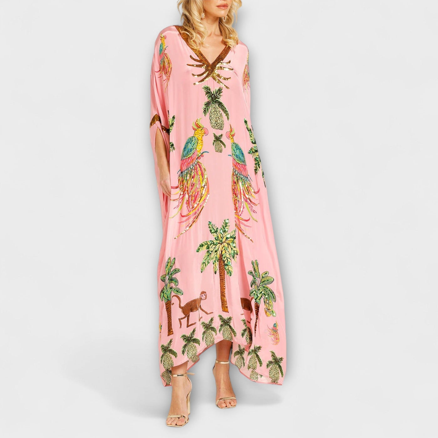 Linda - Elegantes Kleid mit asymmetrischen Schultern und Kokosnussbaum-Muster