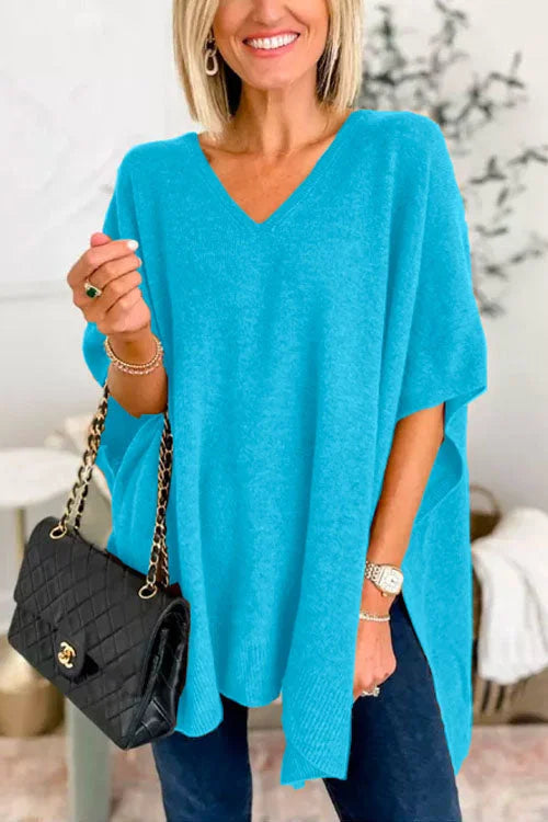 Ruby - schlichter Poncho-Pullover mit V-Ausschnitt, elegante, lockere Passform