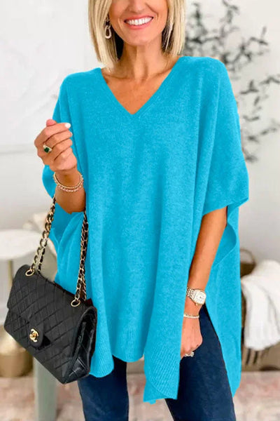 Ruby - schlichter Poncho-Pullover mit V-Ausschnitt, elegante, lockere Passform