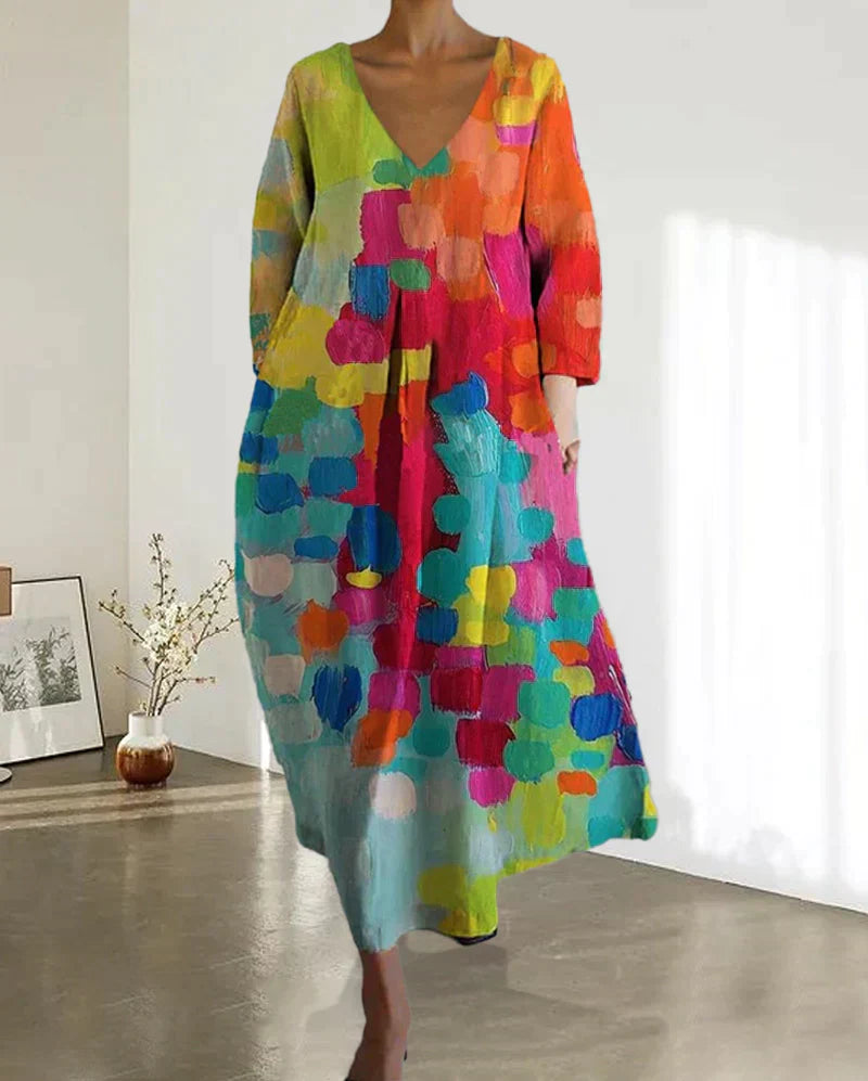 Anastasia - bunt bedrucktes Kleid mit V-Ausschnitt