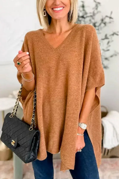Ruby - schlichter Poncho-Pullover mit V-Ausschnitt, elegante, lockere Passform