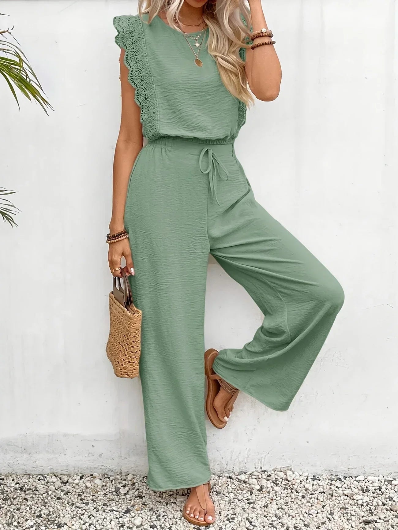 Ziva – Elegantes Spitzenoberteil Und Hose Mit Weitem Bein