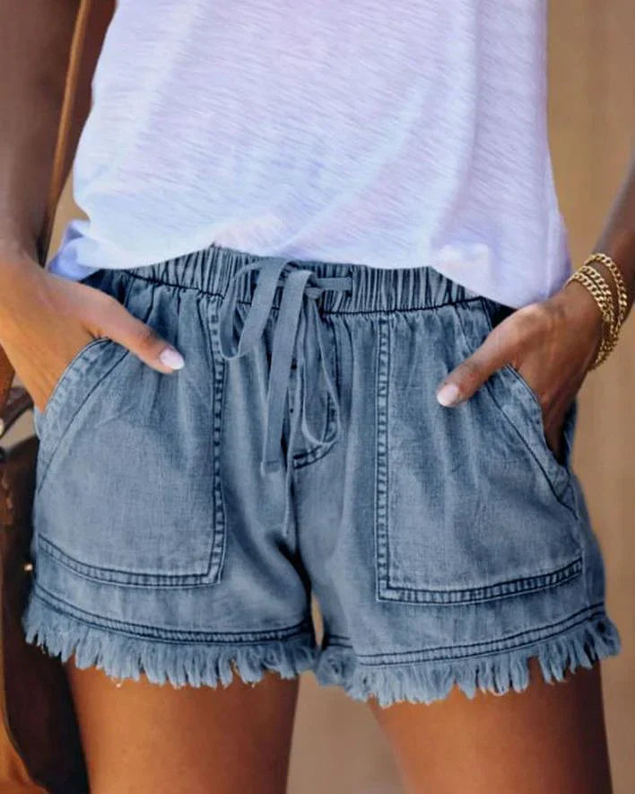 Pamela - einfarbige Denim-Shorts mit Kordelzug