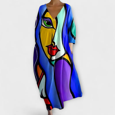 Fiona - Langes, Buntes Kleid mit V-Ausschnitt