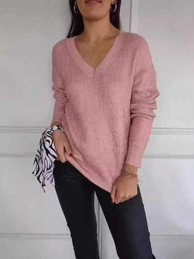 Strickpullover – glänzender Langarm-Pullover mit V-Ausschnitt für Damen