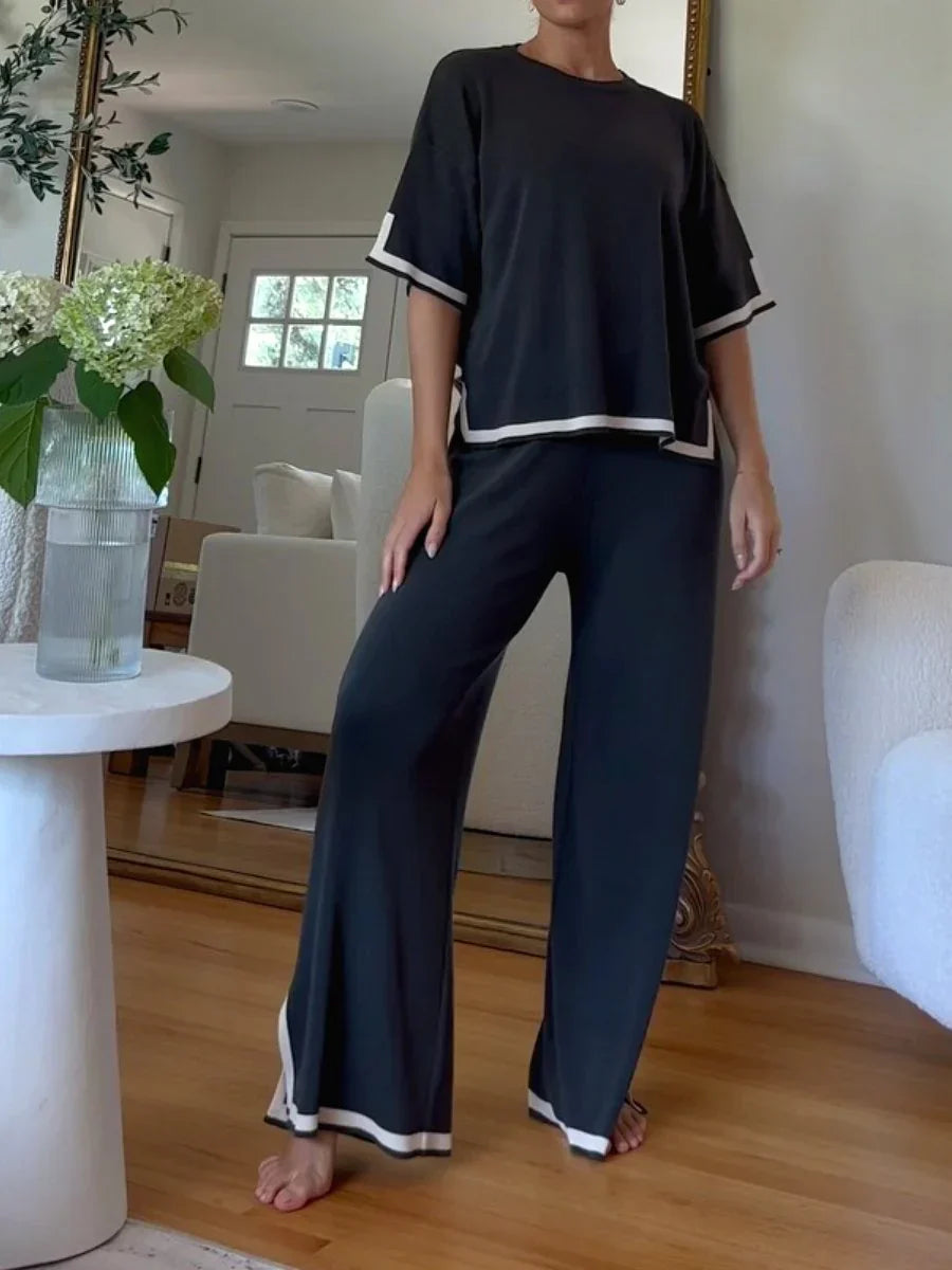 Loungewear-Set – Kurzarm-Shirt und Hose mit weitem Bein für Damen, zweiteiliges Set