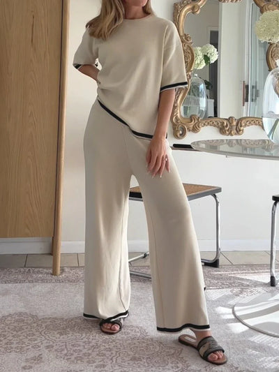 Loungewear-Set – Kurzarm-Shirt und Hose mit weitem Bein für Damen, zweiteiliges Set