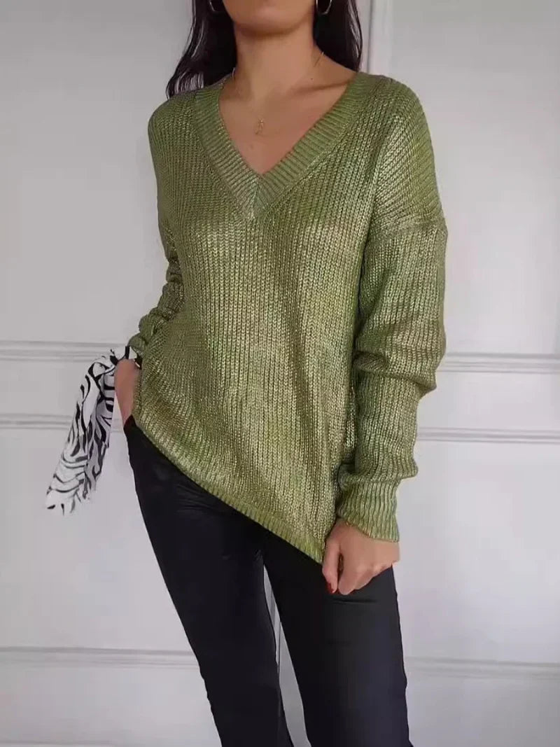 Strickpullover – glänzender Langarm-Pullover mit V-Ausschnitt für Damen