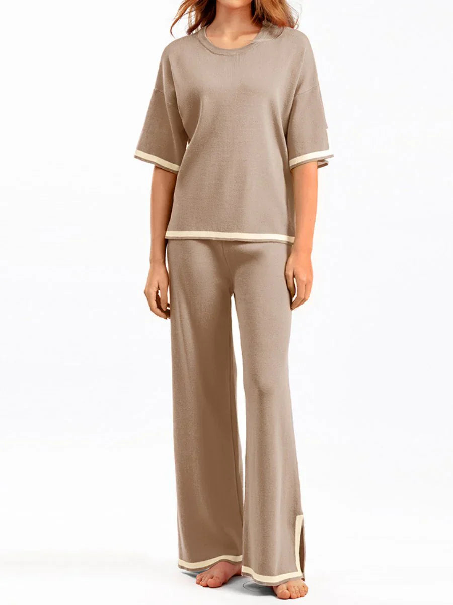 Loungewear-Set – Kurzarm-Shirt und Hose mit weitem Bein für Damen, zweiteiliges Set
