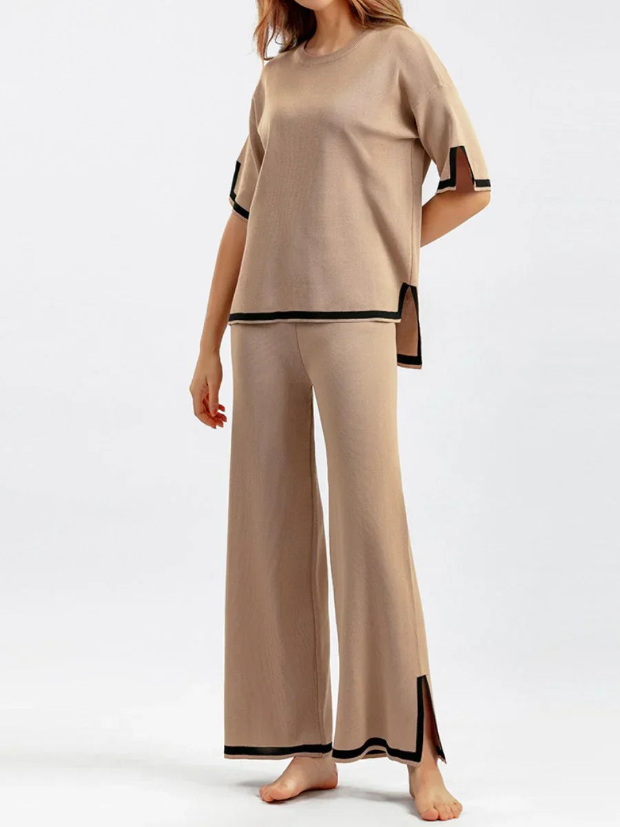 Loungewear-Set – Kurzarm-Shirt und Hose mit weitem Bein für Damen, zweiteiliges Set