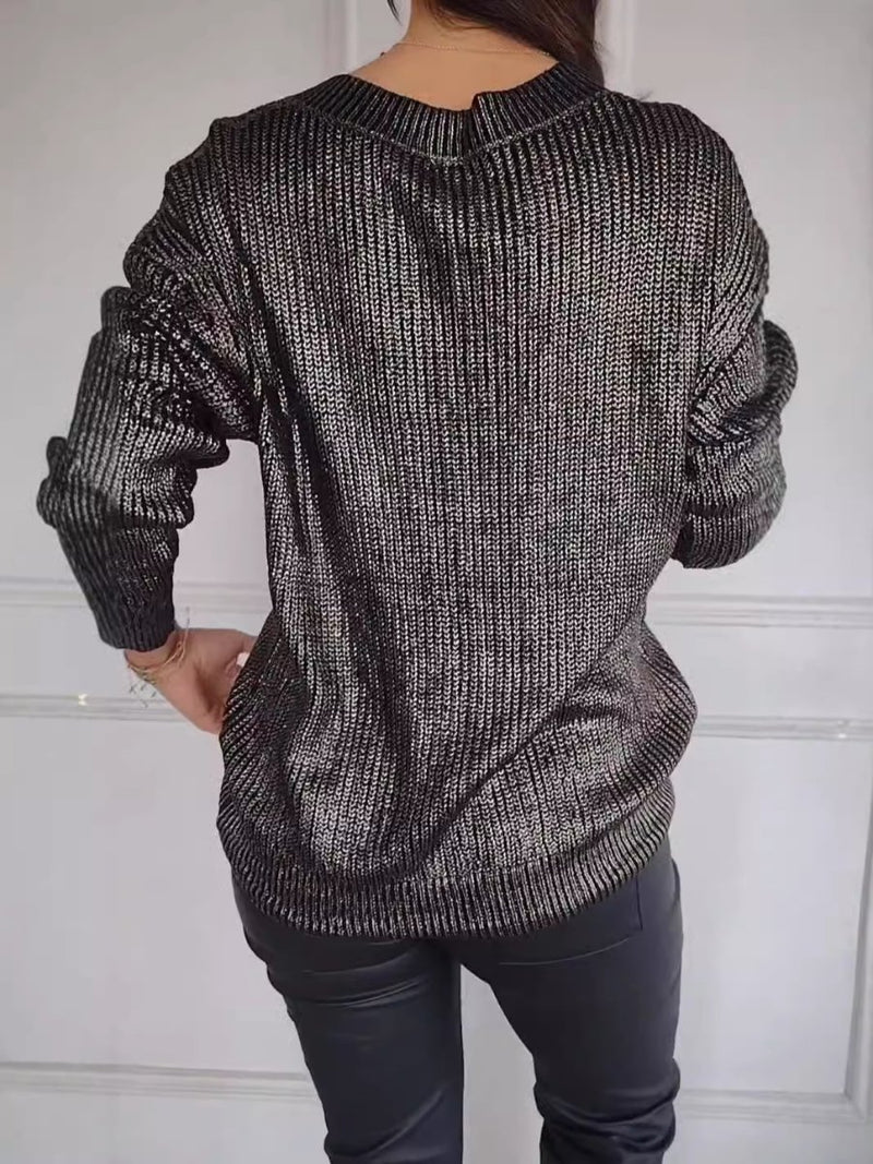 Strickpullover – glänzender Langarm-Pullover mit V-Ausschnitt für Damen