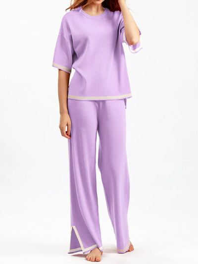 Loungewear-Set – Kurzarm-Shirt und Hose mit weitem Bein für Damen, zweiteiliges Set