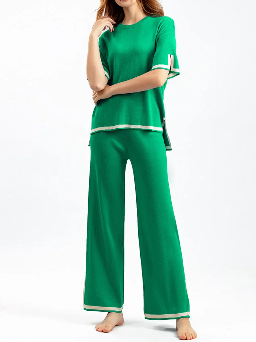 Loungewear-Set – Kurzarm-Shirt und Hose mit weitem Bein für Damen, zweiteiliges Set