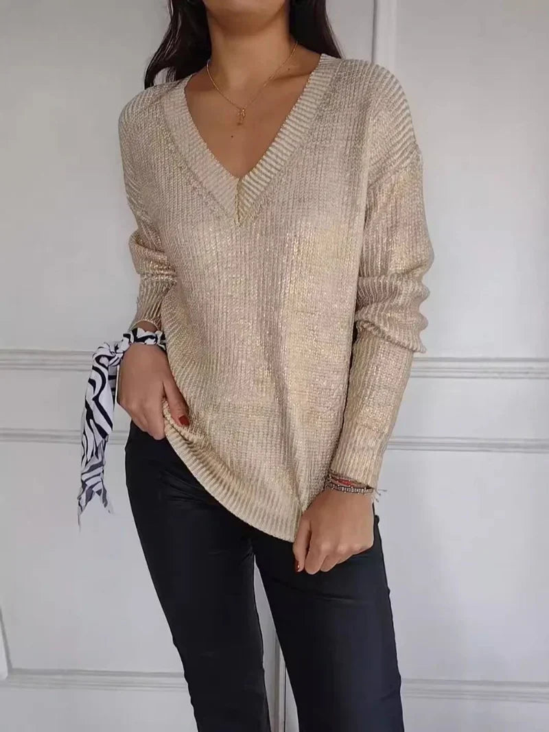 Strickpullover – glänzender Langarm-Pullover mit V-Ausschnitt für Damen