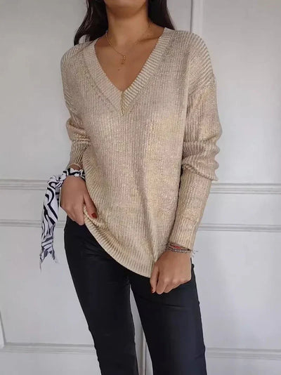 Strickpullover – glänzender Langarm-Pullover mit V-Ausschnitt für Damen