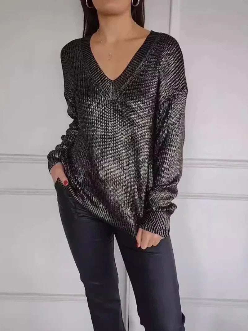 Strickpullover – glänzender Langarm-Pullover mit V-Ausschnitt für Damen