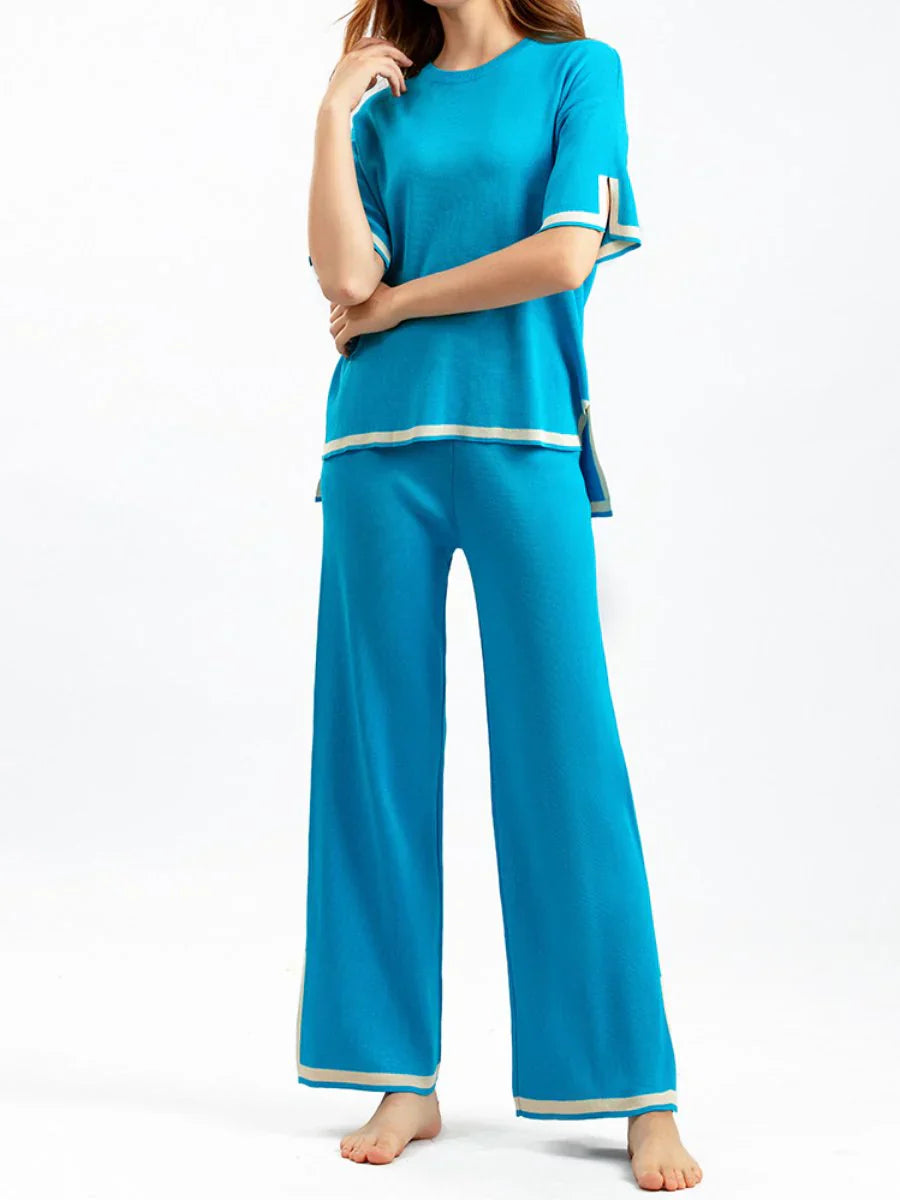 Loungewear-Set – Kurzarm-Shirt und Hose mit weitem Bein für Damen, zweiteiliges Set
