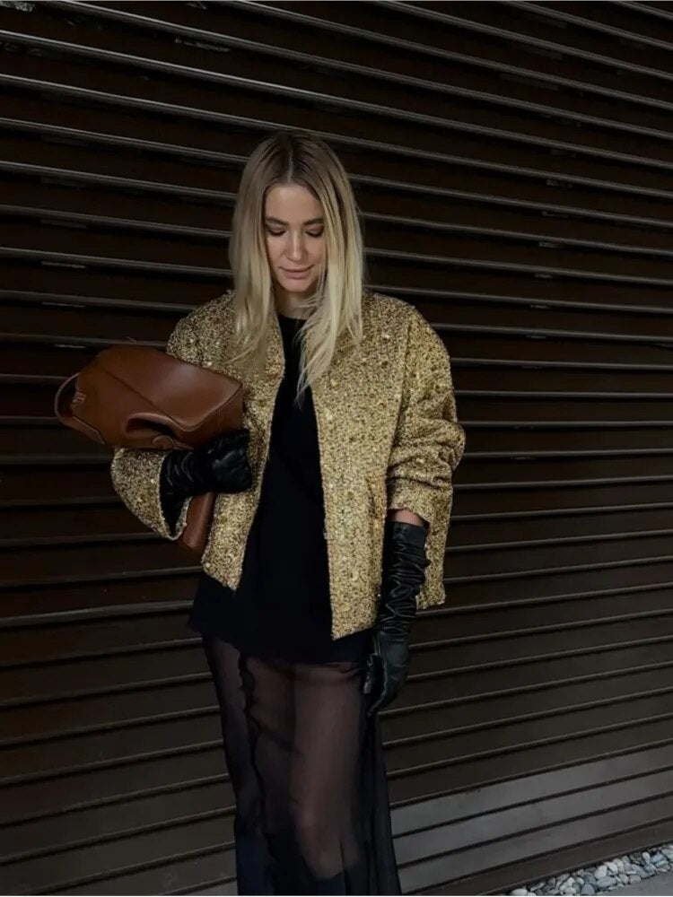 Valerie - schicker Mantel mit goldenen Pailletten für mühelosen Glamour
